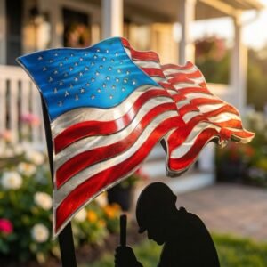 Close-up of the 250 Years of Defending Liberty metal garden stake outdoors